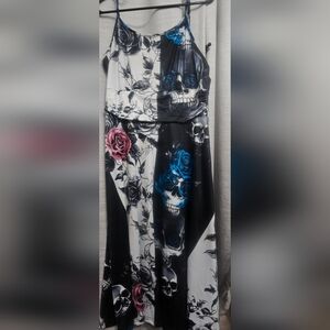 Skull & Rose Maxi Dress in Black, White, Blue & Pink